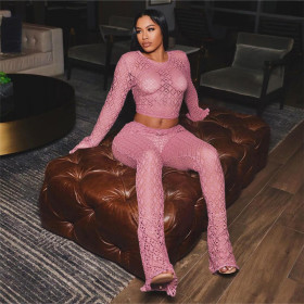 Lace hole perspective exposed navel waist long sleeved pants set