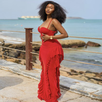 Strap waist cinched ruffle edge wrapped hip dress