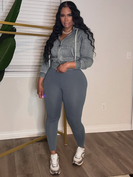 Washed Zipper Hooded Velvet Top Yoga Pants Sports Two Piece Set
