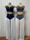 Strap V-neck vest pleated denim chiffon pants set