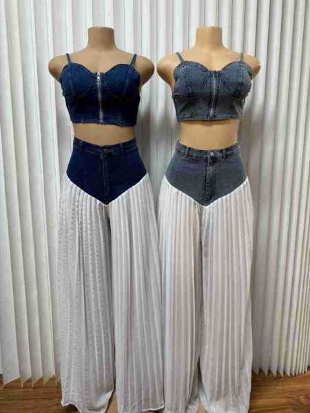Strap V-neck vest pleated denim chiffon pants set