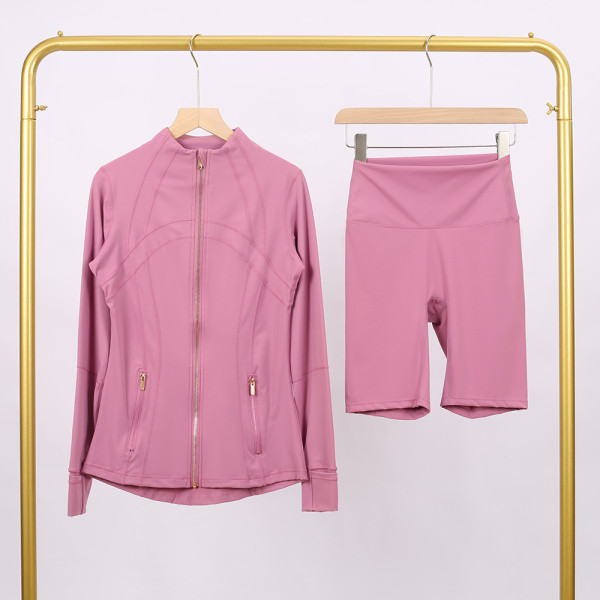Golden zipper Slim fit elastic jacket, cropped pants, yoga fitness suit