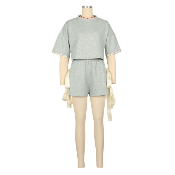 Round neck half sleeved T-shirt shorts woven two-piece set