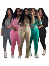 Washed Zipper Hooded Velvet Top Yoga Pants Sports Two Piece Set