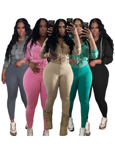 Washed Zipper Hooded Velvet Top Yoga Pants Sports Two Piece Set