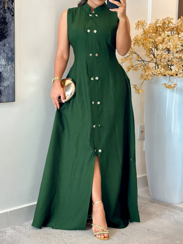 Sleeveless button cinched A-line long skirt