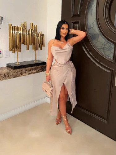 Two piece set of lace up collar, suspender, high slit skirt