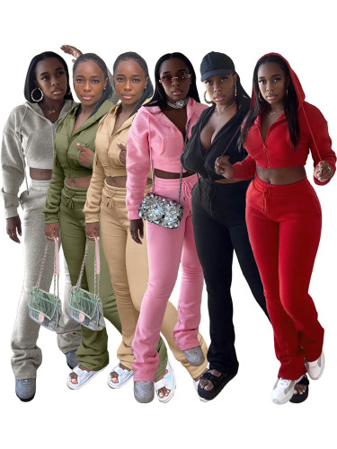 Velvet hoodie hooded cardigan stacked micro flared pants two-piece set