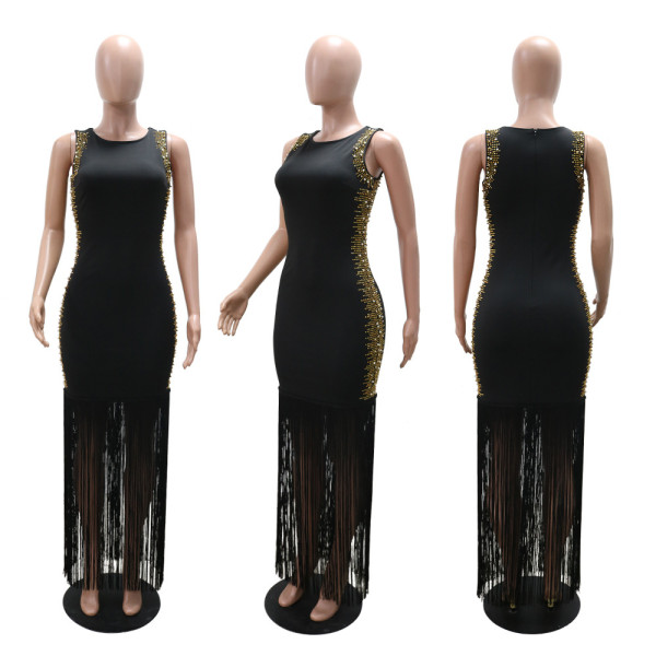 Hot stamping round neck sleeveless fringe skirt long skirt