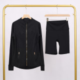 Golden zipper Slim fit elastic jacket, cropped pants, yoga fitness suit