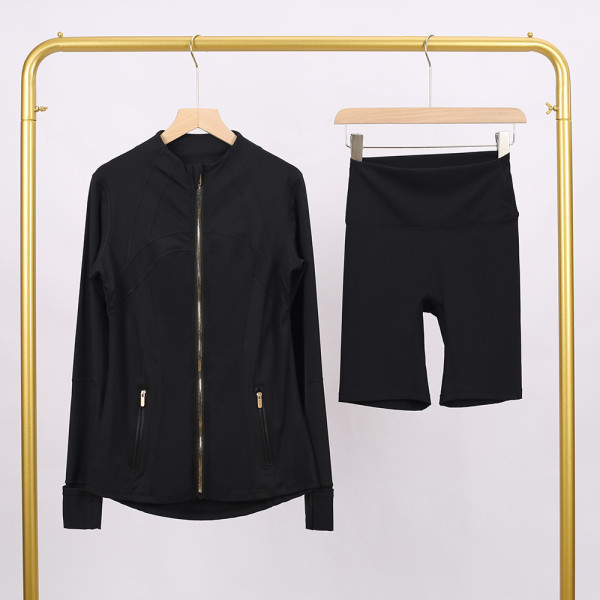 Golden zipper Slim fit elastic jacket, cropped pants, yoga fitness suit