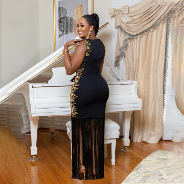 Hot stamping round neck sleeveless fringe skirt long skirt