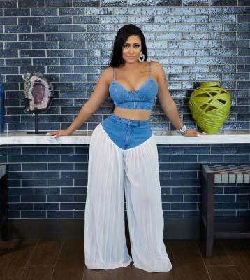 Strap V-neck vest pleated denim chiffon pants set