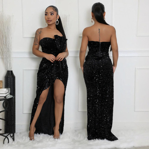 Strapless irregular dress with trailing long skirt