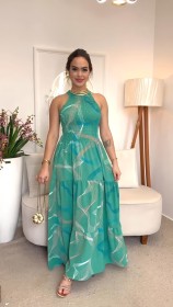 Hanging neck printed sleeveless A-line dress