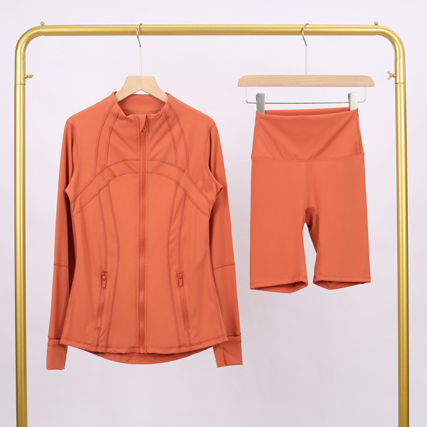 Slim fit elastic quick drying stand up collar jacket, cropped pants, yoga clothes, fitness suit