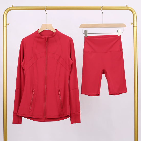 Slim fit elastic quick drying stand up collar jacket, cropped pants, yoga clothes, fitness suit