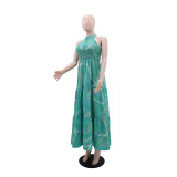 Hanging neck printed sleeveless A-line dress