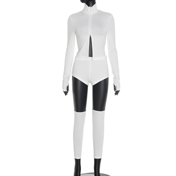 Stand up collar zipper cover refers to a high waisted double-layer short knee pad three piece set for tops