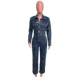 Loose elastic stir fried flower washed long sleeved patchwork denim jumpsuit