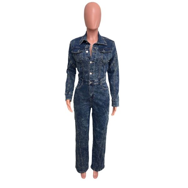 Loose elastic stir fried flower washed long sleeved patchwork denim jumpsuit