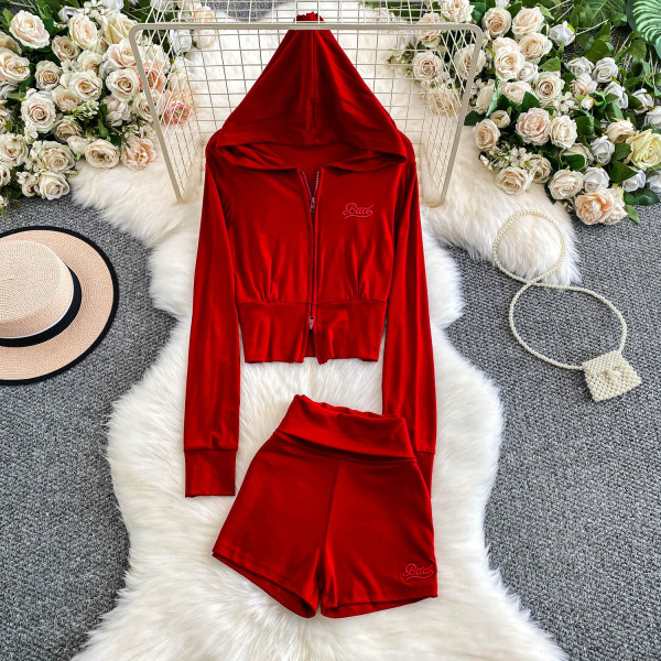 Zipper Embroidered Hoodie Coat Hip Lifting Shorts Two Piece Set