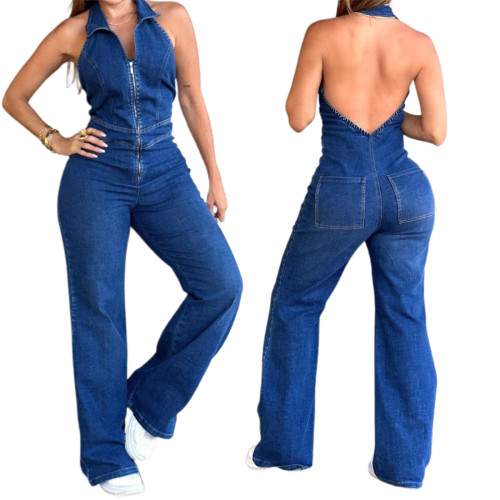 Slim fit sleeveless backless denim jumpsuit
