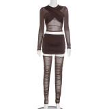 Cross pleated double lined collar see through mesh low waist hip skirt knee pad three piece set