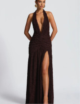 Waist cinched high slit backless adjustable neck hanging dress