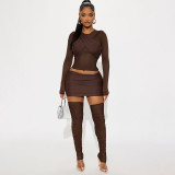 Cross pleated double lined collar see through mesh low waist hip skirt knee pad three piece set