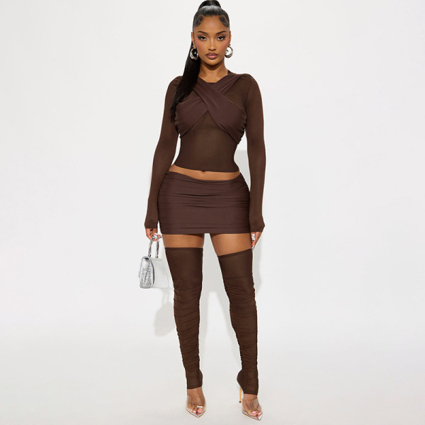 Cross pleated double lined collar see through mesh low waist hip skirt knee pad three piece set