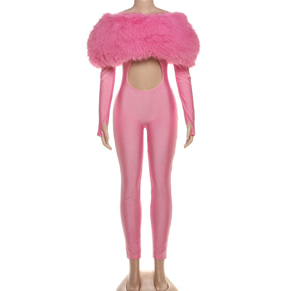 One shoulder hairy patchwork exposed navel long sleeved jumpsuit