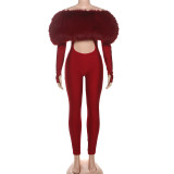 One shoulder hairy patchwork exposed navel long sleeved jumpsuit