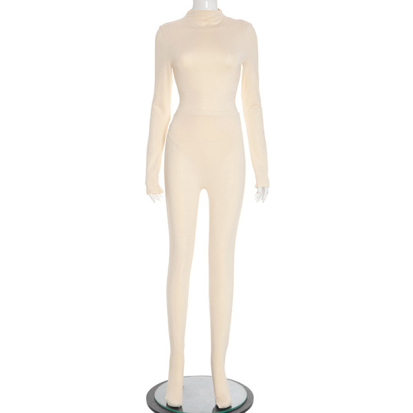 High collar long sleeved jumpsuit, high waist waist bag, foot pants set