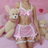 Checkered lingerie uniform three piece set