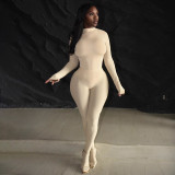 High collar long sleeved jumpsuit, high waist waist bag, foot pants set
