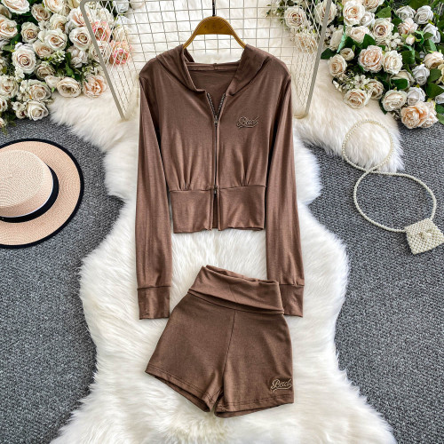 Zipper Embroidered Hoodie Coat Hip Lifting Shorts Two Piece Set