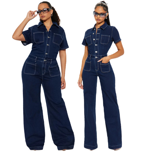 Loose elastic bell mouth wash short sleeved denim jumpsuit jumpsuit wide leg pants