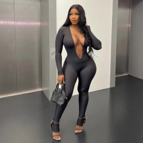 Backless deep V-long sleeved jumpsuit