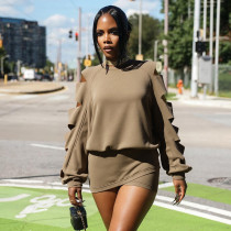 Hooded round neck cut sleeves hollowed out hoodie cross wrap hip skirt set