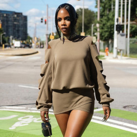 Hooded round neck cut sleeves hollowed out hoodie cross wrap hip skirt set