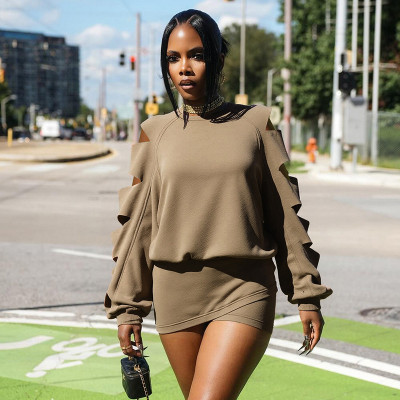 Hooded round neck cut sleeves hollowed out hoodie cross wrap hip skirt set