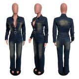 Slim fit elastic bell mouth wash long sleeved denim jumpsuit