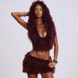 Deep V-neck hooded backless tied top with fur A-line short skirt set