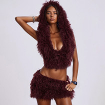 Deep V-neck hooded backless tied top with fur A-line short skirt set