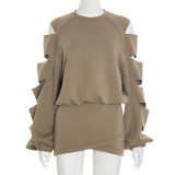 Hooded round neck cut sleeves hollowed out hoodie cross wrap hip skirt set