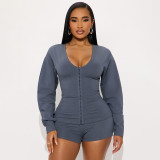 Low round neck cardigan with hidden button, waist cinched, long sleeved top, three part pants set
