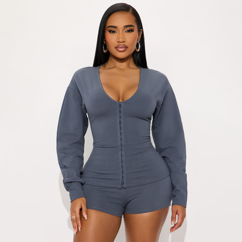 Low round neck cardigan with hidden button, waist cinched, long sleeved top, three part pants set