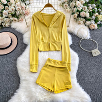 Zipper Embroidered Hoodie Coat Hip Lifting Shorts Two Piece Set