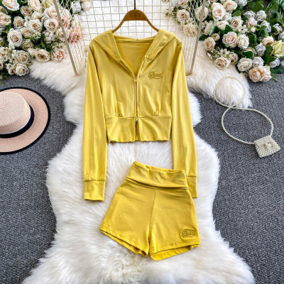 Zipper Embroidered Hoodie Coat Hip Lifting Shorts Two Piece Set